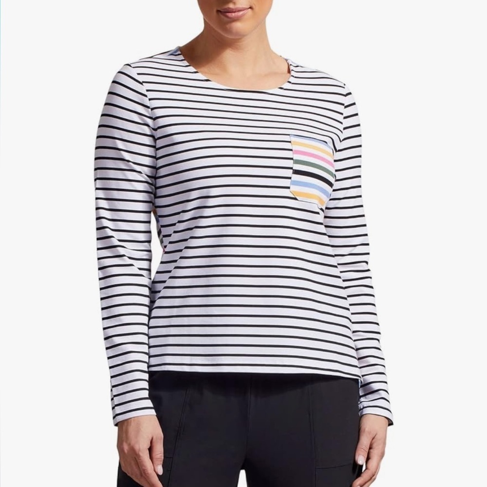 Boden Black and White Striped Long Sleeve Tee with Multicolor Pocket